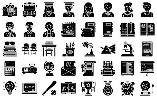 High school related solid vector icon set High school related icon set, solid style vector illustration locker high school student student backpack stock illustrations