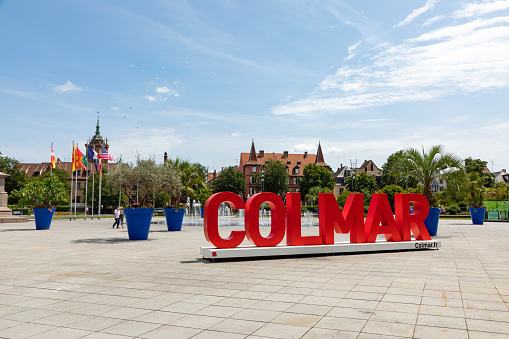 Colmar, France – June 21, 2023: Lettering with the word Colmar on the Place Rapp as a popular photo motif and Location for tourists in Colmar in France