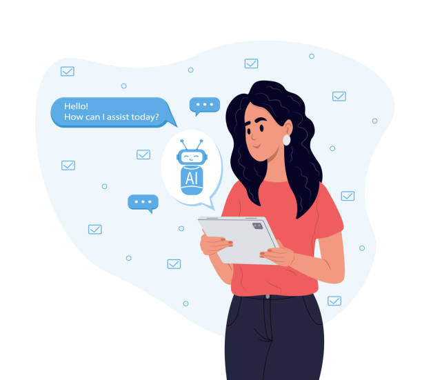 a.i. ai chat concept, artificial intelligence. business lady uses the technology of a smart ai robot. dialogue between the ai assistant and the user in the messenger. - chat gpt stock illustrations