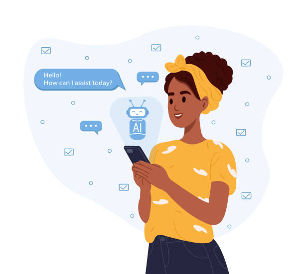 a.i. ai chat concept, artificial intelligence. an african american woman uses the technology of a smart ai robot. dialogue between the ai assistant and the user in the messenger. - chat gpt stock illustrations