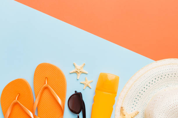 istock Summer vacation concept flat lay. straw hat beach accessories and flip flop top view. Space for text. travel concept 1505641640