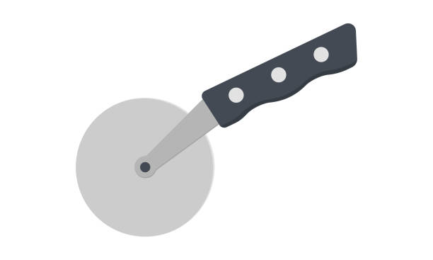 ilustraciones, imágenes clip art, dibujos animados e iconos de stock de ilustración vectorial de icono plano cortador de pizza. diseño vectorial plano de signo de cuchillo de pizza simple. disco afilado de acero inoxidable con icono de banda de mango de plástico. herramienta de corte, equipo de cocina, imágenes prediseñad - cortador de pizza