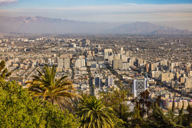 View from the lookout point at Cerro San Cristobal in Santiago de Chile, Chile, South America stock photo