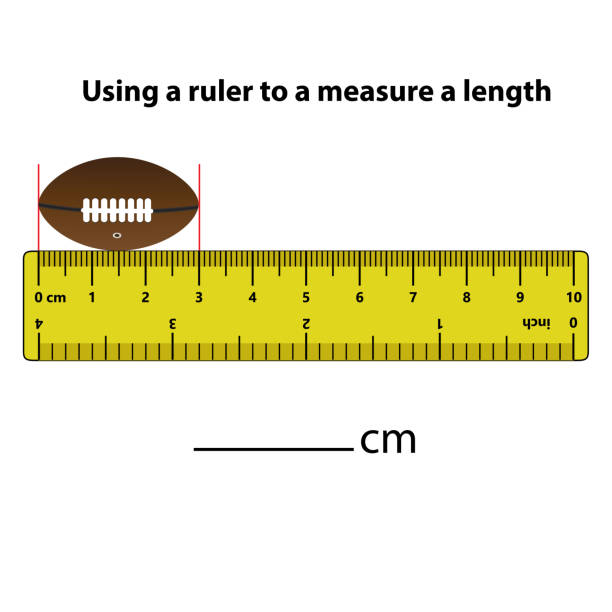 ilustrações de stock, clip art, desenhos animados e ícones de measuring length in centimeters rugby ball dropper and calculator with the ruler. education developing worksheet. game for kids. puzzle for children. vector illustration. cartoon style. - white background studio shot macro square