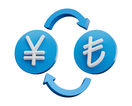 3d White Yen And Lira Symbol On Rounded Blue Icons With Money Exchange Arrows, 3d illustration