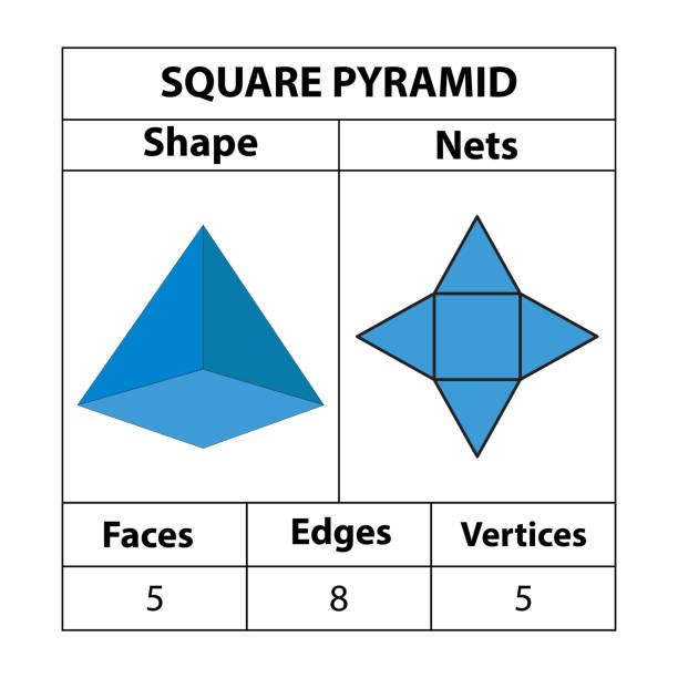 정사각형 피라미드 그물, 면, 가장자리 및 꼭짓점. 기하학적 도형은 흰색 배경에 고립되어 있습니다. 기하학적 3d 모양 그물입니다. 수학에서. 벡터 그림, - geometric shape pyramid shape three dimensional shape platonic solid stock illustrations