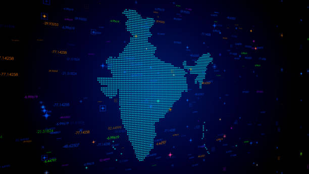 istock Futuristic Blue Colorful Shiny Digital Technology Hud Dots Mosaic Grid India Map Perspective View With Numeric Tech Particles 1505693257