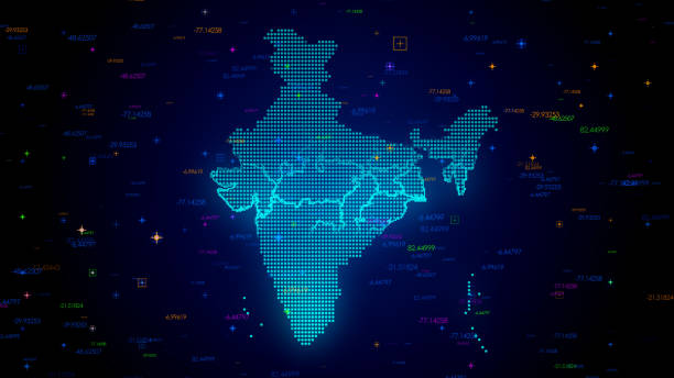 futurystyczny niebieski kolorowy błyszczący technologia cyfrowa hud dots mozaika siatka mapa indii skanowanie światła za pomocą numerycznych cząstek technologicznych - india capital cities new delhi map stock illustrations