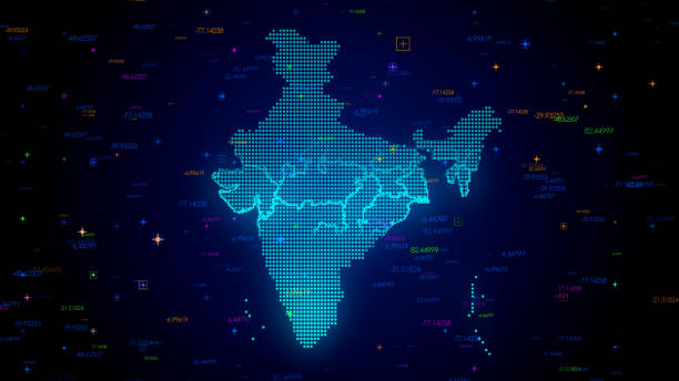 istock Futuristic Blue Colorful Shiny Digital Technology Hud Dots Mosaic Grid India Map Light Scanning With Numeric Tech Particles 1505693263