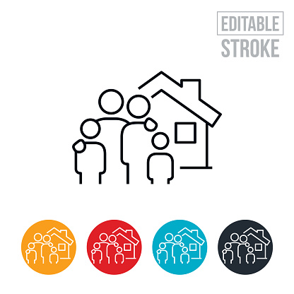 An icon of a family standing together in front of their new home. The icon includes editable strokes or outlines using the EPS vector file.