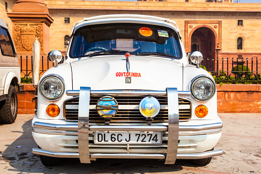 Delhi, India - November 17, 2011: AMBASSADOR is one of oldest model of Indian Car still produced by HINDUSTAN MOTORS. It is a  replica of MORRIS OXFORD model - at north block of central secretariat.