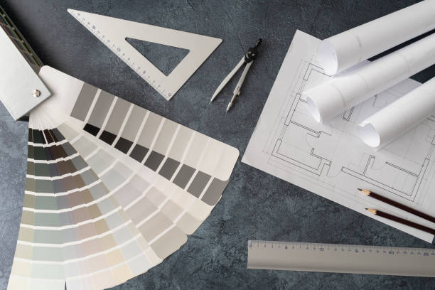 istock Interior design concept. Color scheme palette guide catalog with colour swatches, blueprints and accessories for architect. 1505728692