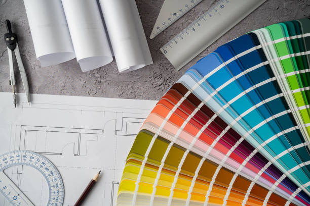 istock Interior design concept. Color scheme palette guide catalog with colour swatches, blueprints and accessories for architect. 1505728694