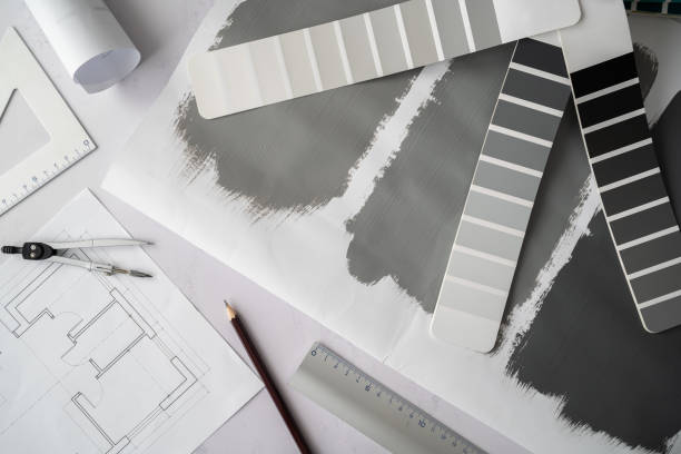 istock Home floor plans projects. Grayscale color palette guide catalog with colour swatches. Painted test paint samples. 1505729200