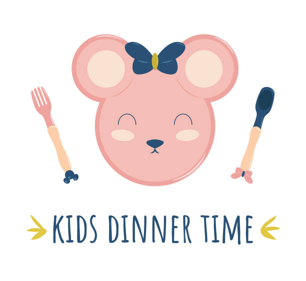 istock Kids plate, fork and spoon silicone dishware for baby vector. White background with dots. Kids Dinner Time 1505729807
