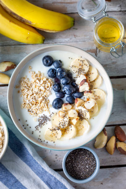 istock Blueberries, banana slices, oat flakes and yoghurt 1505749197
