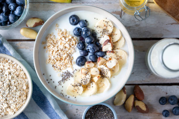 istock Blueberries, banana slices, oat flakes and yoghurt 1505749228