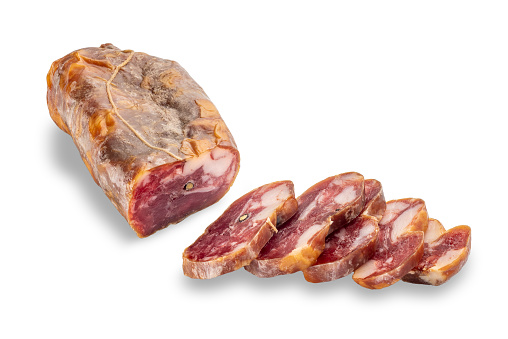 Italian salami called soppressata made from lean pork from the thigh and tenderloin, Sausage cut with slices isolated on white with cliping path