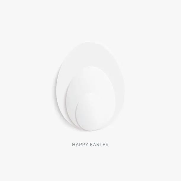 Vector illustration of Simple Easter card design with round elements and HAPPY EASTER text under - creative illustration in vector in shade of white - realistic 3D eggs arranged in an aesthetic composition on white paper background