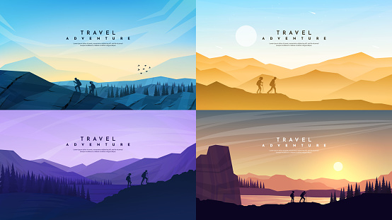 Vector illustration. Travel concept of discovering, exploring and observing nature. Hiking. Adventure tourism. Couple walking with backpacks. Website template. Evening scene. Set of backgrounds