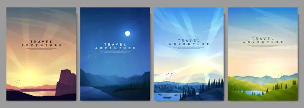 Vector illustration of Vector illustration. A set of flat landscapes. Geometric minimalist style. Evening sunset by water, night scene with moonlight, day scene, green meadow with lake. Design for cover, brochure, layout
