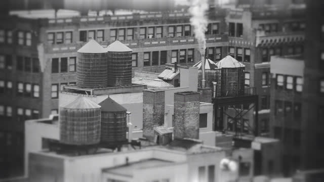 NYC Manhattan roof wooden water tanks smoke stack industrial vintage film look black white