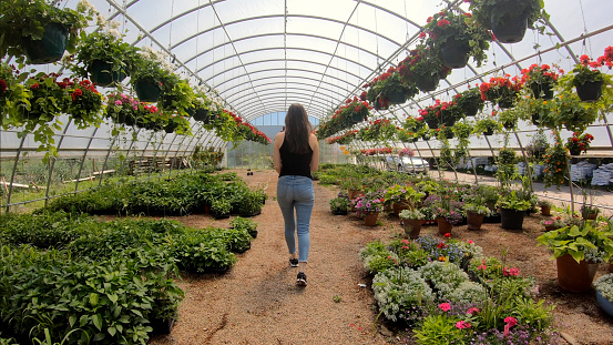 Virginia Dale, CO USA- June 27, 2023  A young woman is filmed on a Road Trip. She stops at a roadside Farm Stand and walks through a Greenhouse. This clip was taken on a road trip between Denver and Laramie Wyoming.