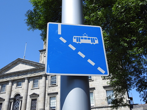 Tram tracks signage in Dublin city centre.