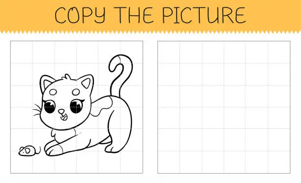 Vector illustration of Copy the picture is an educational game for kids with cute cat. Cute cartoon cat coloring book. Vector illustration.