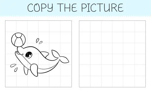 Vector illustration of Copy the picture is an educational game for kids with cute dolphin with ball. Cute cartoon dolphin coloring book. Vector illustration.