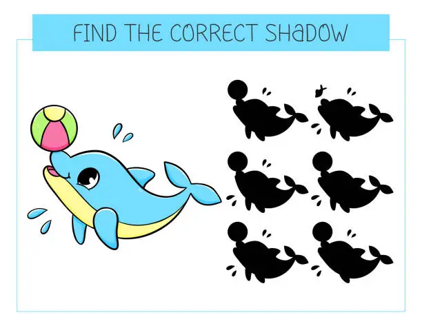 Vector illustration of Find the correct shadow game with dolphin with ball. Educational game for children. Cute cartoon dolphin. Shadow matching game. Vector illustration.