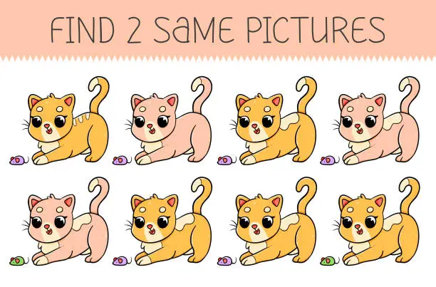 Vector illustration of Find two same pictures is an educational game for kids with cute cat. Cute cartoon kitten. Vector illustration.