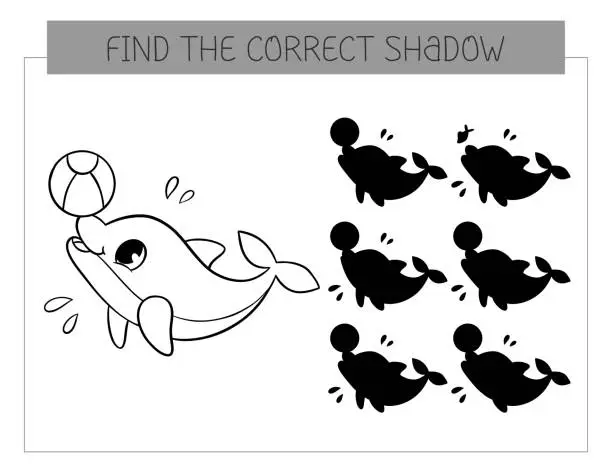 Vector illustration of Find the correct shadow coloring book with dolphin with ball. Coloring page educational game for kids. Cute cartoon dolphin. Shadow matching game. Vector illustration.