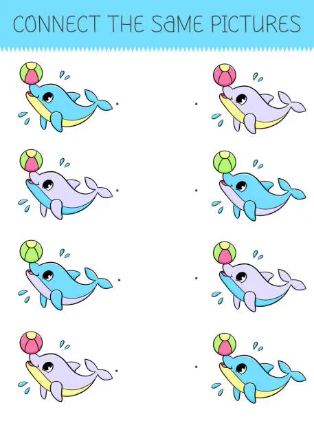 Vector illustration of Connect the same pictures game with cartoon dolphin. Children's game with cute dolphin. Vector illustration.