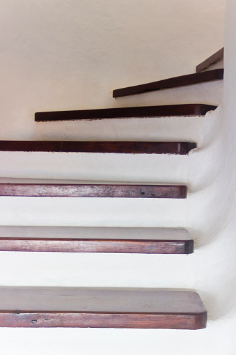 Stairs from Tree house at the top, wooden stair case POV perspective