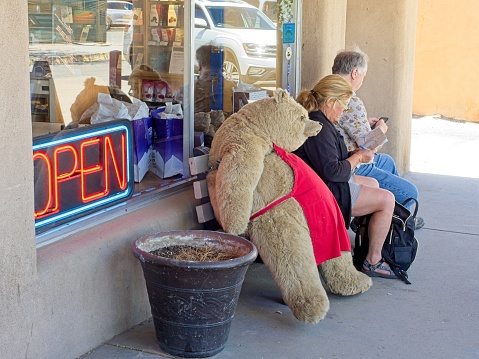 Taos, New Mexico - USA, May 12, 2023. Downtown Taos New Mexico. Plush bear a mascot in store front for and ice cream shop / eatery.