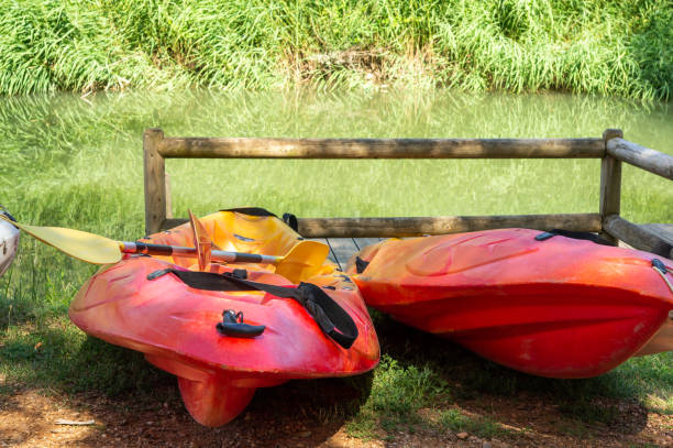 istock Canoes with their oars, next to a jetty on a river. 1505830712