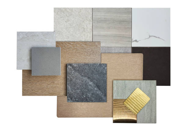 istock group of interior material samples including gold stainless, gold metallic aluminium, palette of stone tiles, wooden veneer, quartz, artificial stone isolated on background with clipping path. 1505835247
