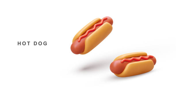 illustrations, cliparts, dessins animés et icônes de 3d deux hot dog sur fond blanc. illustration vectorielle. - hotdogging