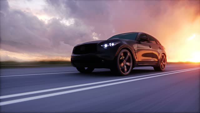 Luxury black car on highway. Very fast driving.