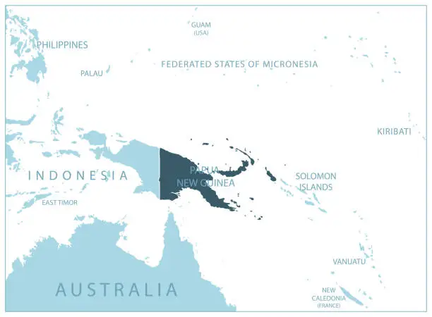 Vector illustration of Papua New Guinea - blue map with neighboring countries and names.