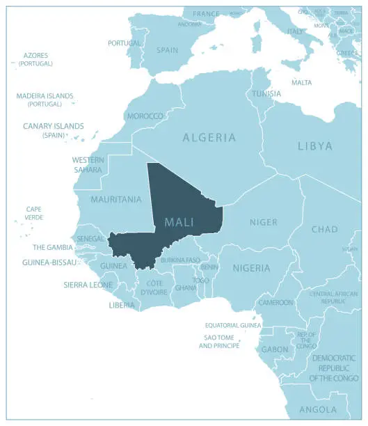 Vector illustration of Mali - blue map with neighboring countries and names.