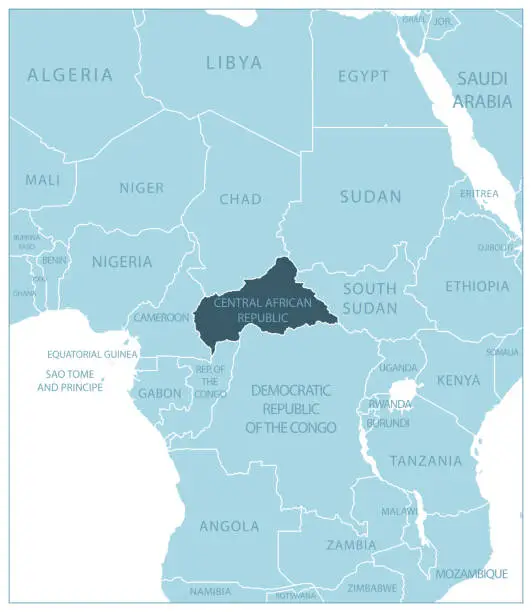 Vector illustration of Central African Republic - blue map with neighboring countries and names.