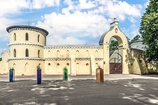 Trostyanets, Sumy Oblast, Ukraine - June 18, 2023: Outside view of the Krugliy dvir Round Court in Trostianets. An old horse yard or arena built in 1749. External facade of the fortress