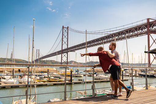 Gay couple at the Commercial Port in Lisbon, Portugal