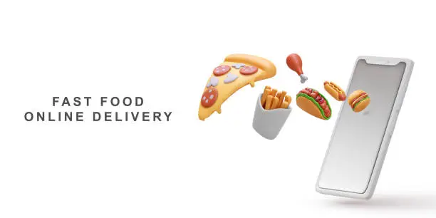 Vector illustration of 3d realistic Fast food online delivery. Vector illustration.