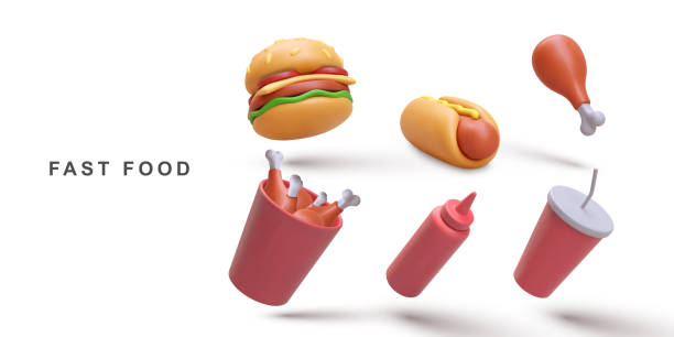 3d реалистичный набор хот-дог, газировка, кетчуп, гамбургер, жареная курица в бумажном ведре и жареные куриные ножки на белом фоне. векторная  - hot dog hamburger burger grilled stock illustrations