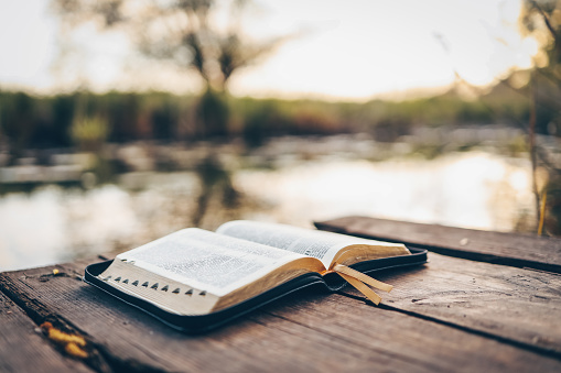 Open Bible on a wooden board near the river.