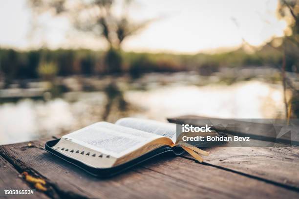 Open Bible On A Wooden Board Near The River Stock Photo - Download Image Now - Bible, Studying, Religion