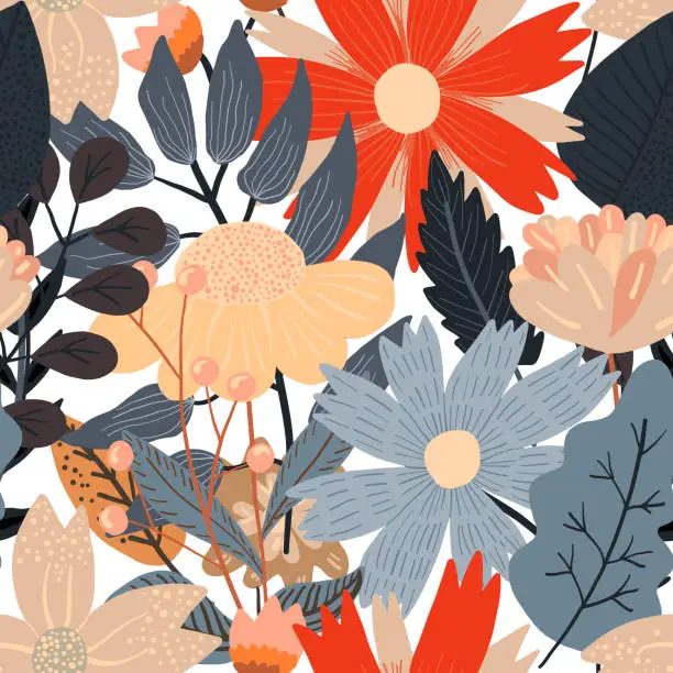 Vector illustration of Cute floral pattern with red and gray flowers
